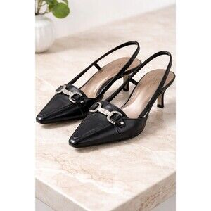 Anne Klein Black Pointed Toe Slingback Kitten Heels with Silver Buckle
